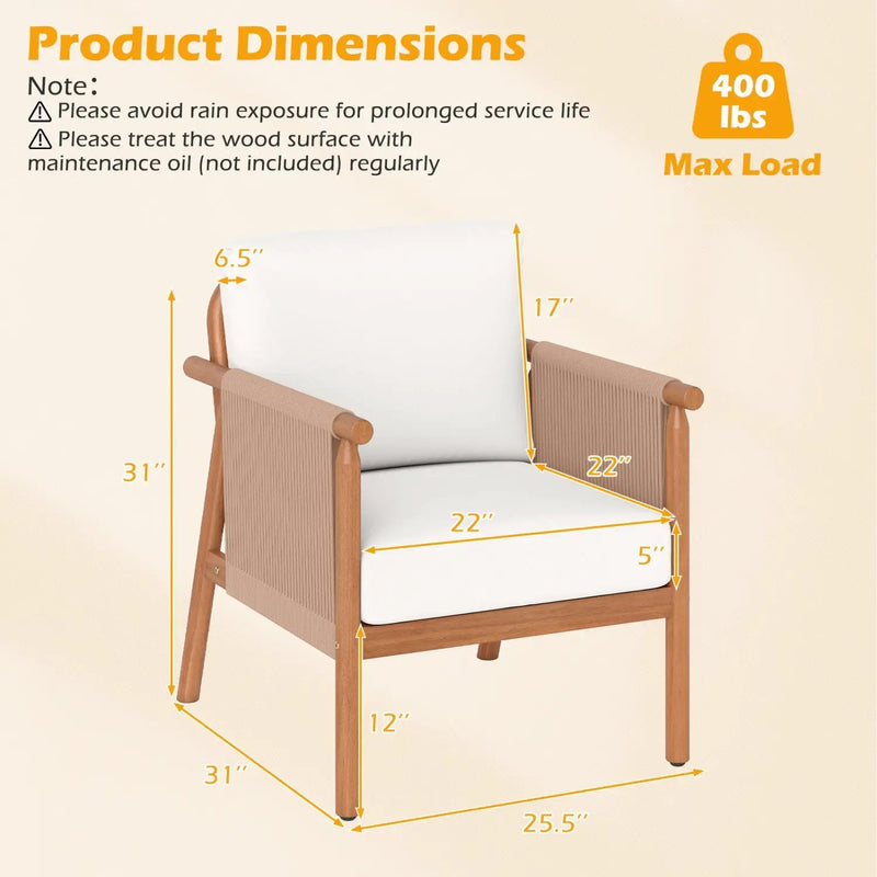 Patio Acacia Wood Chair Set of 2 with Woven Rope Armrests and Seat Back Cushions for Backyard by DirectDeals