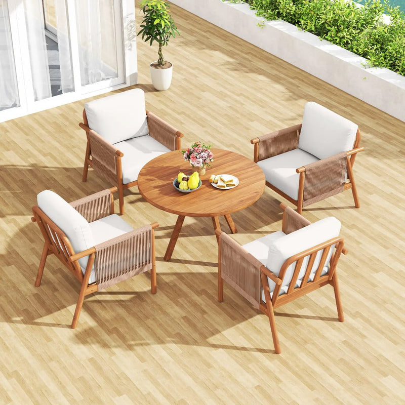 Patio Acacia Wood Chair Set of 2 with Woven Rope Armrests and Seat Back Cushions for Backyard by DirectDeals