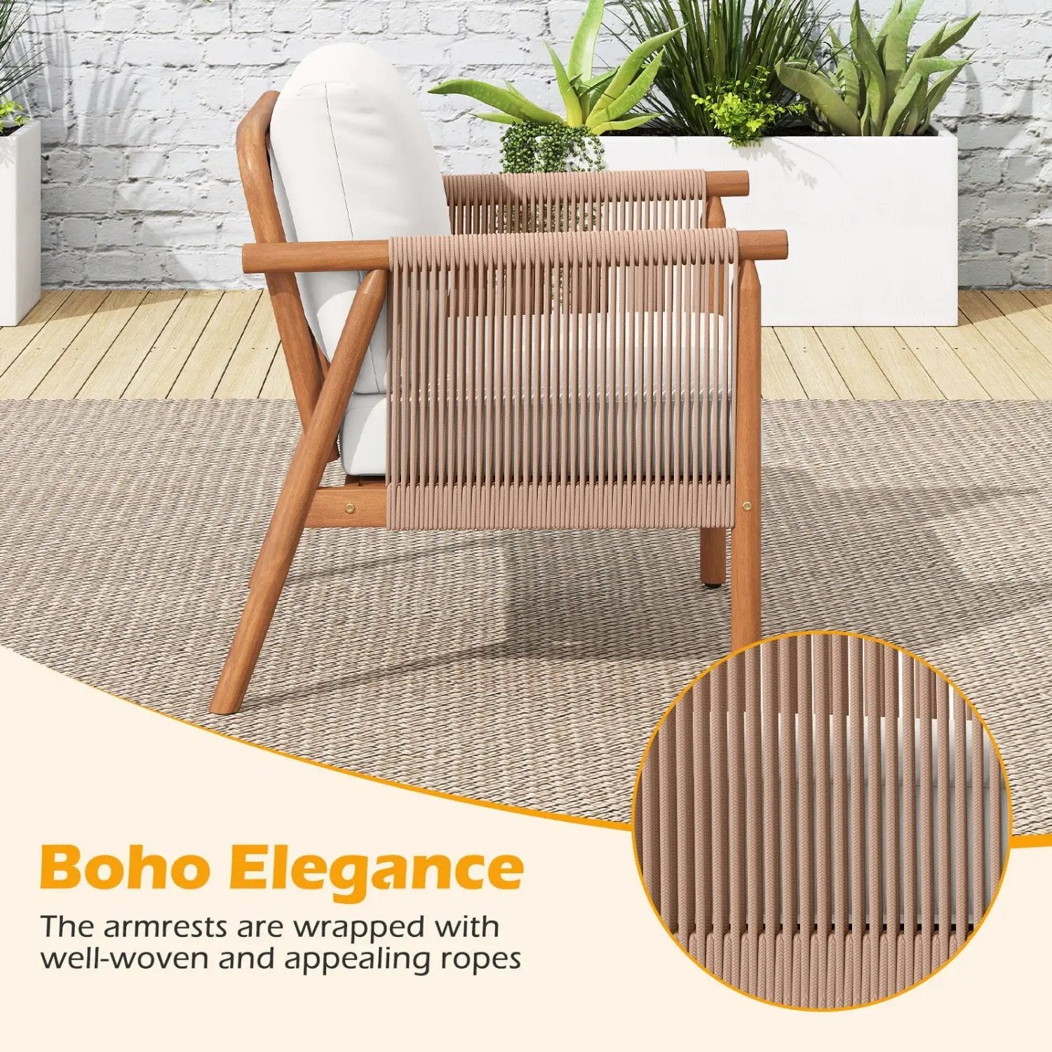 Patio Acacia Wood Chair Set of 2 with Woven Rope Armrests and Seat Back Cushions for Backyard by DirectDeals