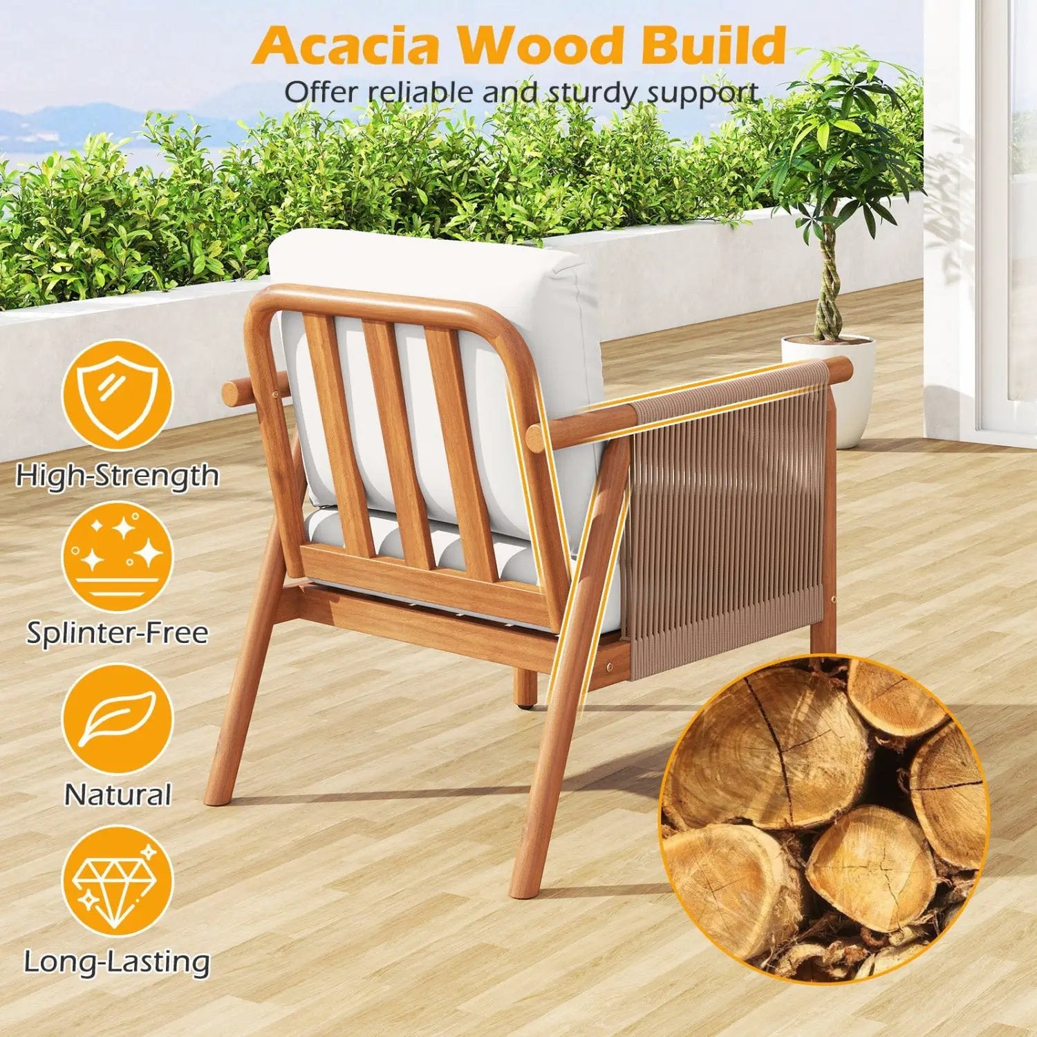 Patio Acacia Wood Chair Set of 2 with Woven Rope Armrests and Seat Back Cushions for Backyard by DirectDeals