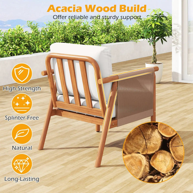 Patio Acacia Wood Chair Set of 2 with Woven Rope Armrests and Seat Back Cushions for Backyard by DirectDeals