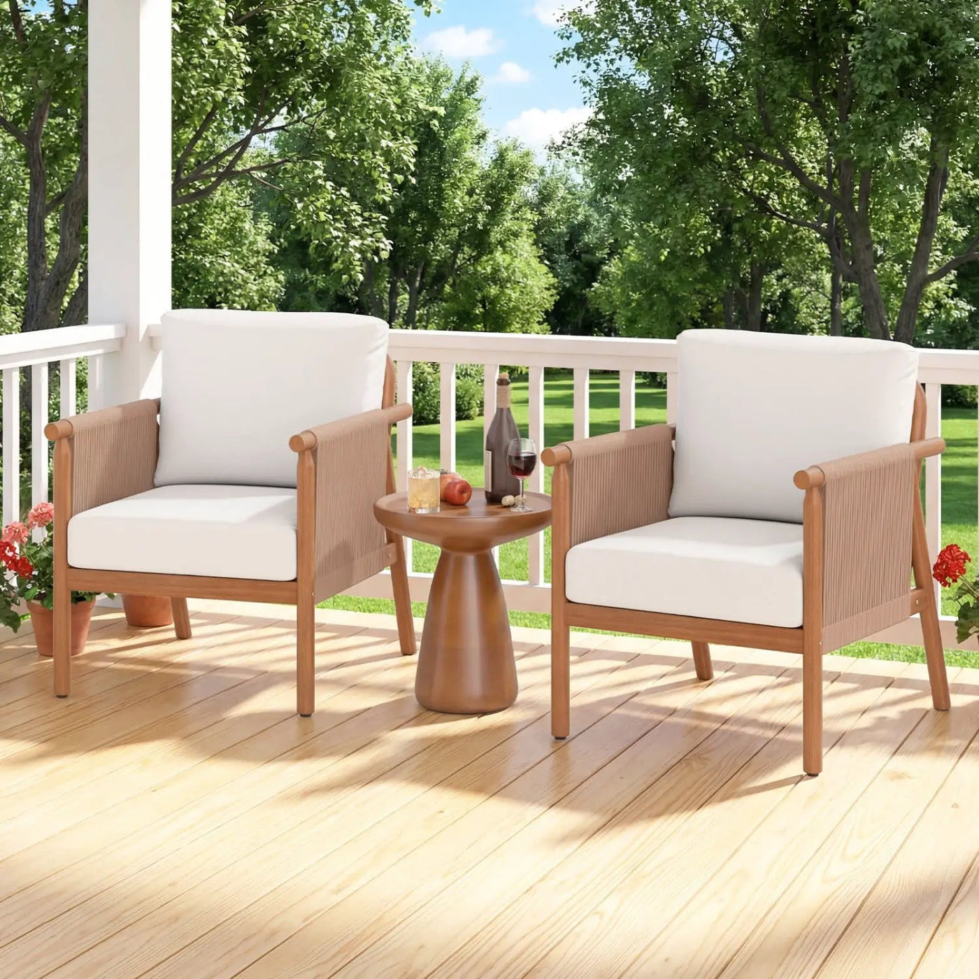 Patio Acacia Wood Chair Set of 4 with Woven Rope Armrests and Seat Back Cushions for Backyard by DirectDeals