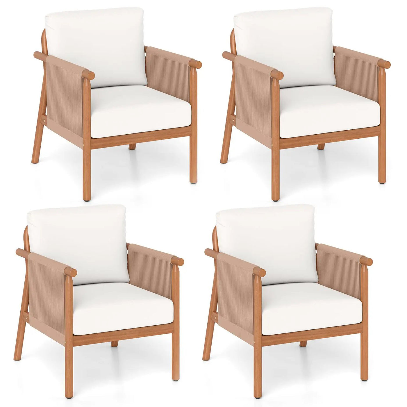 Patio Acacia Wood Chair Set of 4 with Woven Rope Armrests and Seat Back Cushions for Backyard by DirectDeals