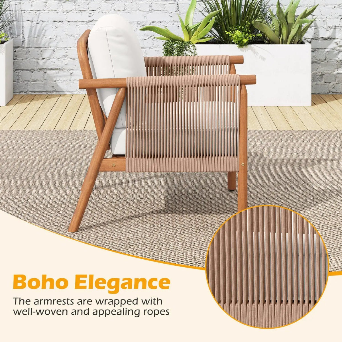 Patio Acacia Wood Chair Set of 4 with Woven Rope Armrests and Seat Back Cushions for Backyard by DirectDeals