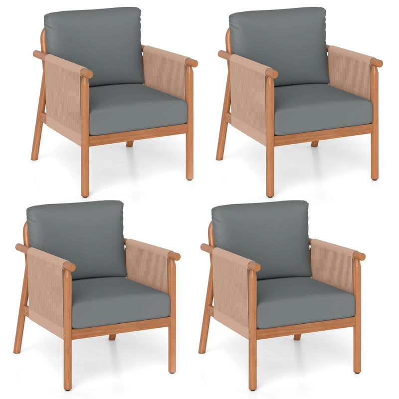Patio Acacia Wood Chair Set of 4 with Woven Rope Armrests and Seat Back Cushions for Backyard by DirectDeals