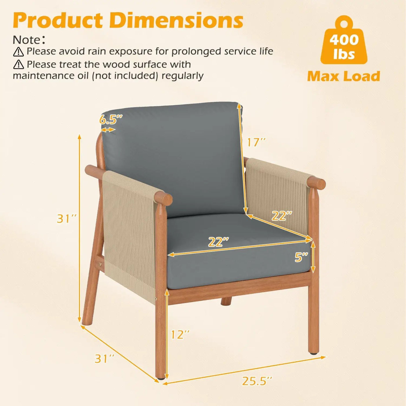 Patio Acacia Wood Chair with Woven Rope Armrests and Seat Back Cushions for Backyard by DirectDeals