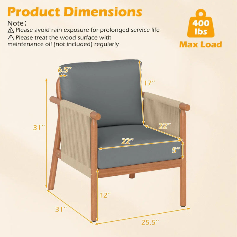 Patio Acacia Wood Chair with Woven Rope Armrests and Seat Back Cushions for Backyard by DirectDeals