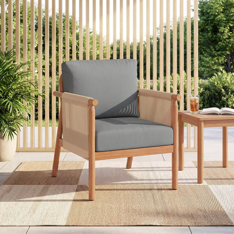 Patio Acacia Wood Chair with Woven Rope Armrests and Seat Back Cushions for Backyard by DirectDeals