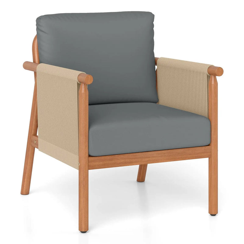 Patio Acacia Wood Chair with Woven Rope Armrests and Seat Back Cushions for Backyard by DirectDeals