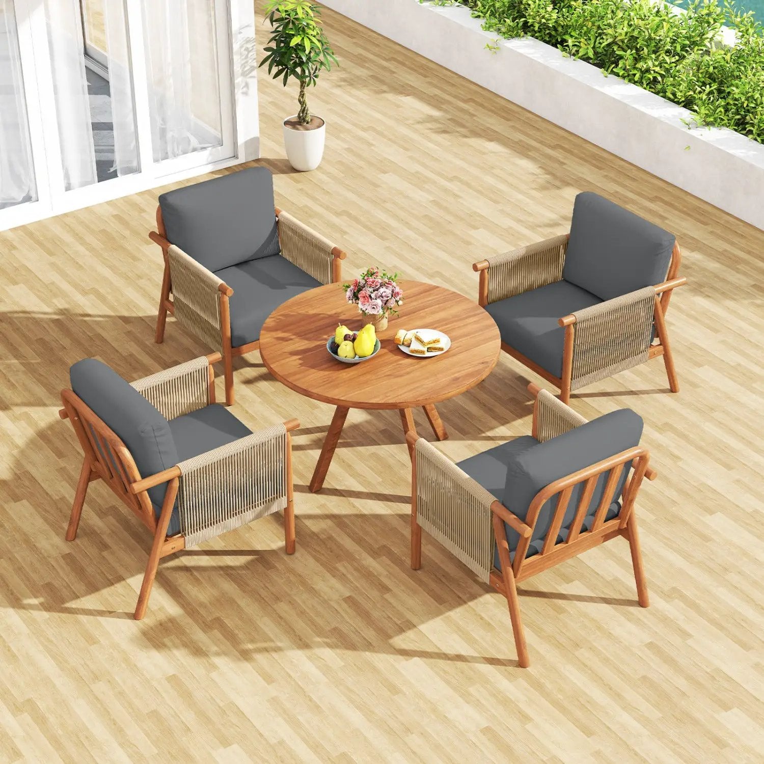 Patio Acacia Wood Chair with Woven Rope Armrests and Seat Back Cushions for Backyard by DirectDeals