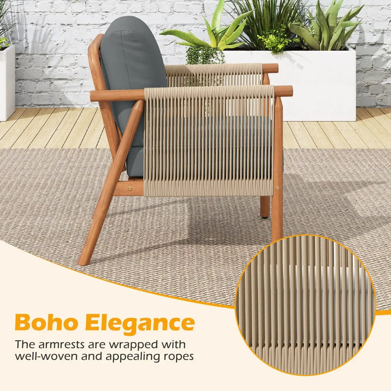 Patio Acacia Wood Chair with Woven Rope Armrests and Seat Back Cushions for Backyard by DirectDeals