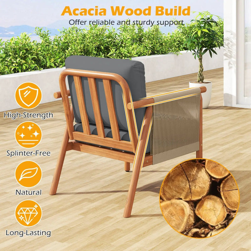 Patio Acacia Wood Chair with Woven Rope Armrests and Seat Back Cushions for Backyard by DirectDeals