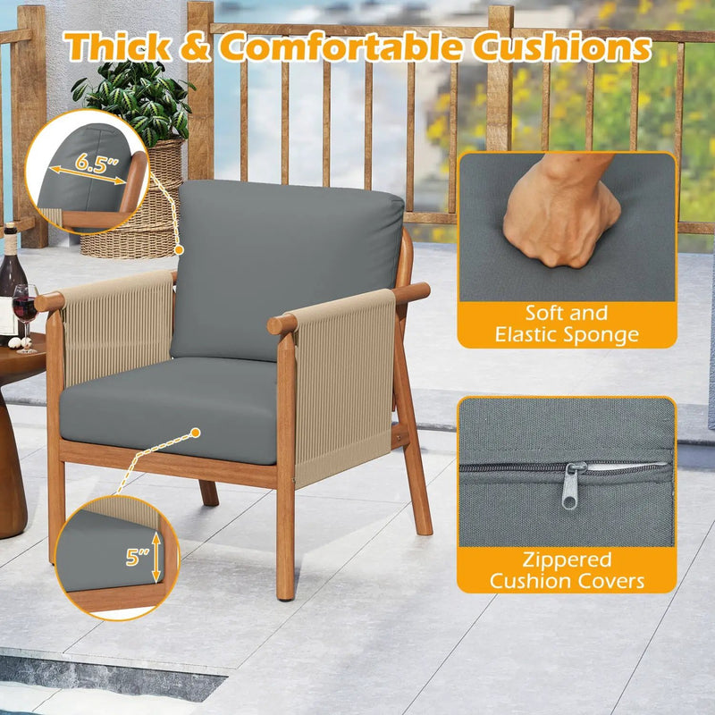 Patio Acacia Wood Chair with Woven Rope Armrests and Seat Back Cushions for Backyard by DirectDeals