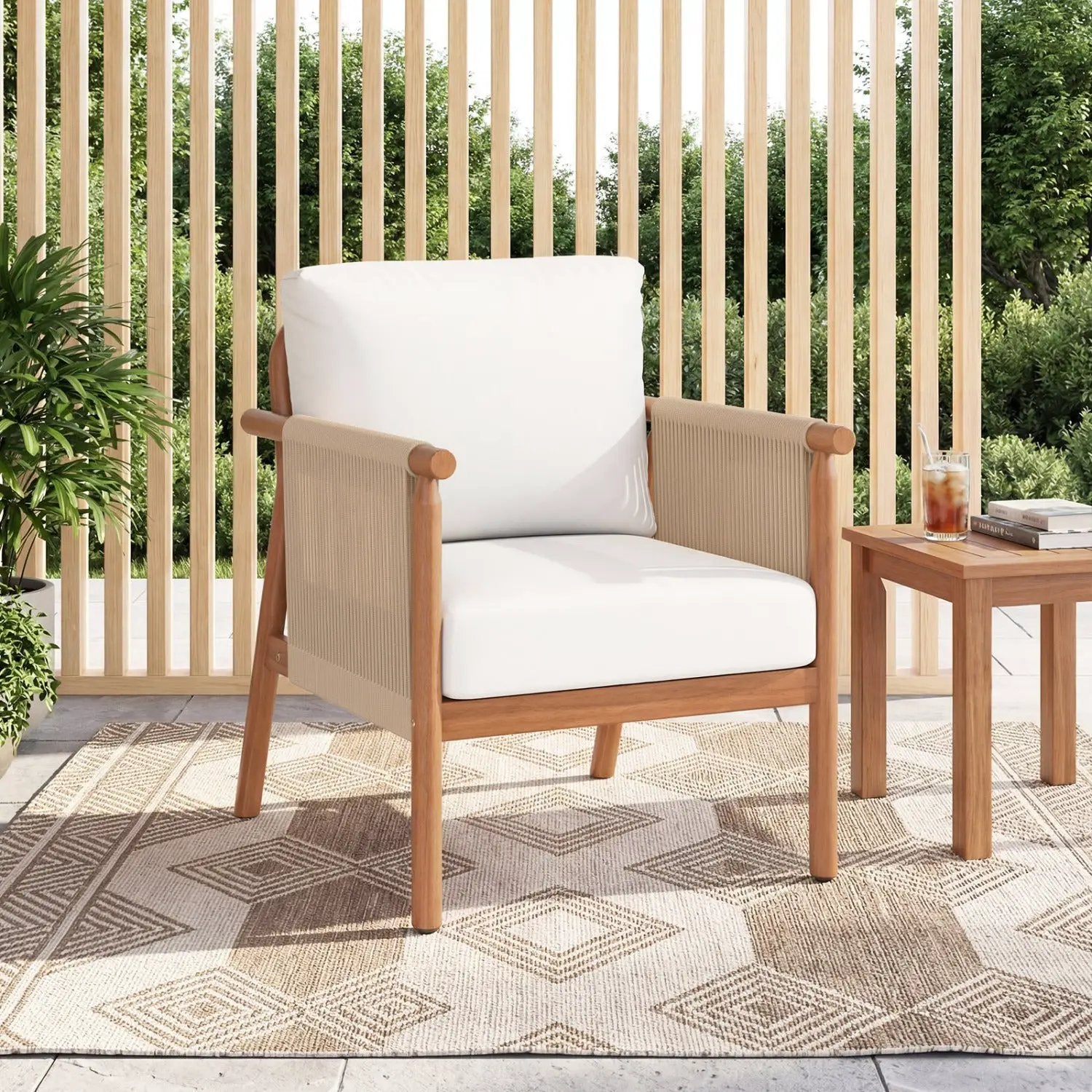Patio Acacia Wood Chair with Woven Rope Armrests and Seat Back Cushions for Backyard by DirectDeals