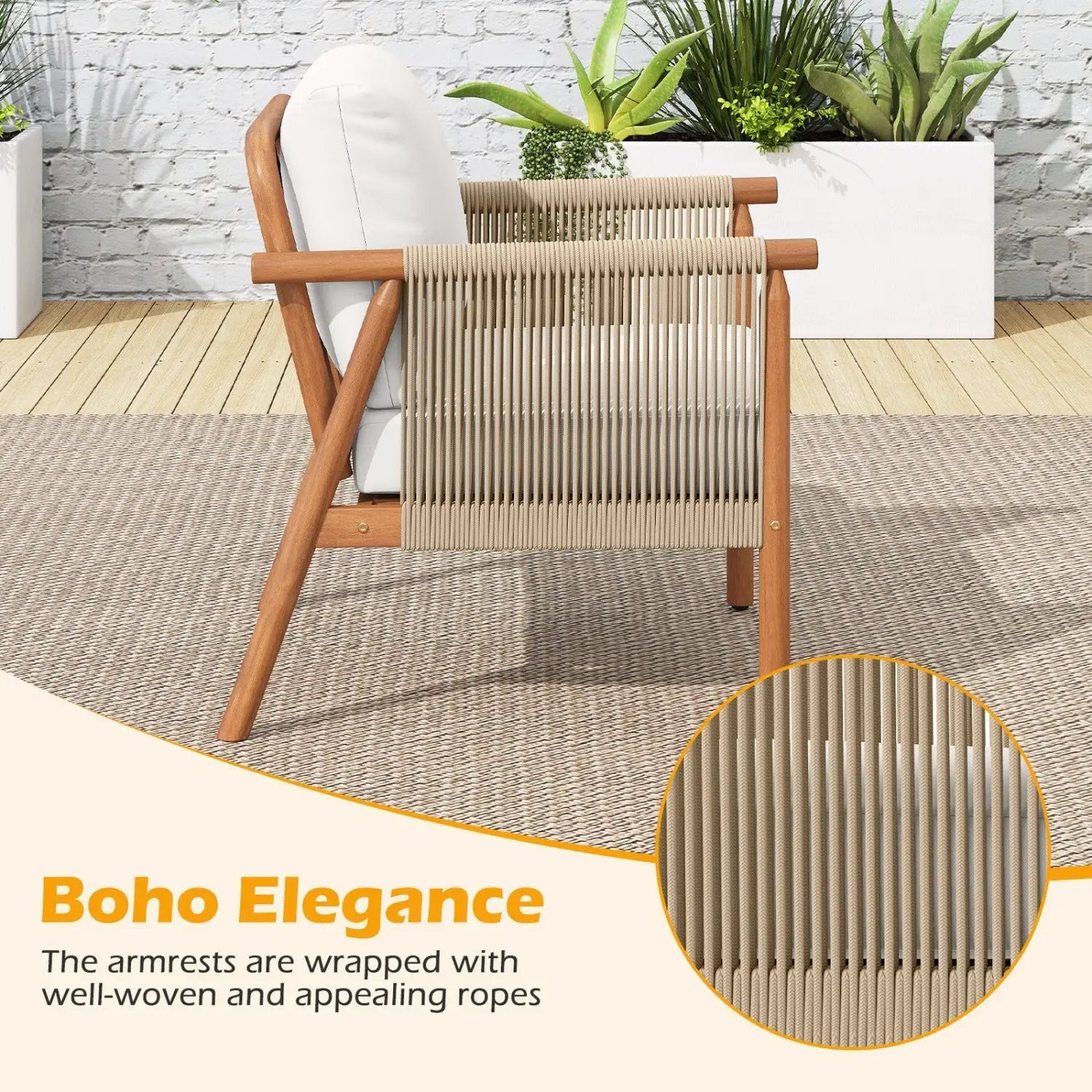 Patio Acacia Wood Chair with Woven Rope Armrests and Seat Back Cushions for Backyard by DirectDeals