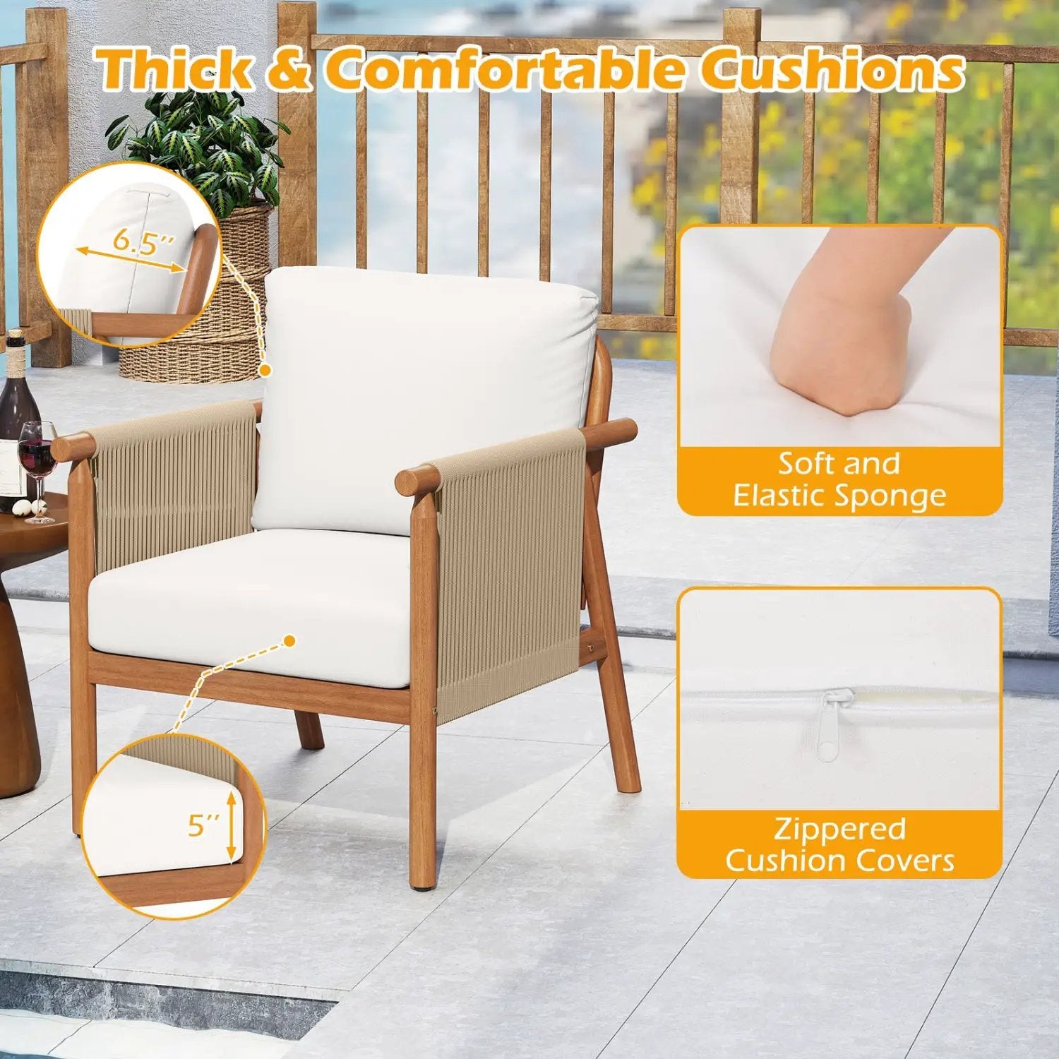 Patio Acacia Wood Chair with Woven Rope Armrests and Seat Back Cushions for Backyard by DirectDeals