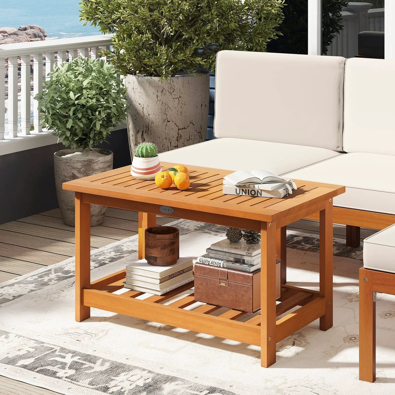 Patio Acacia Wood Coffee Table 2-Tier Rectangular Center Table by DirectDeals