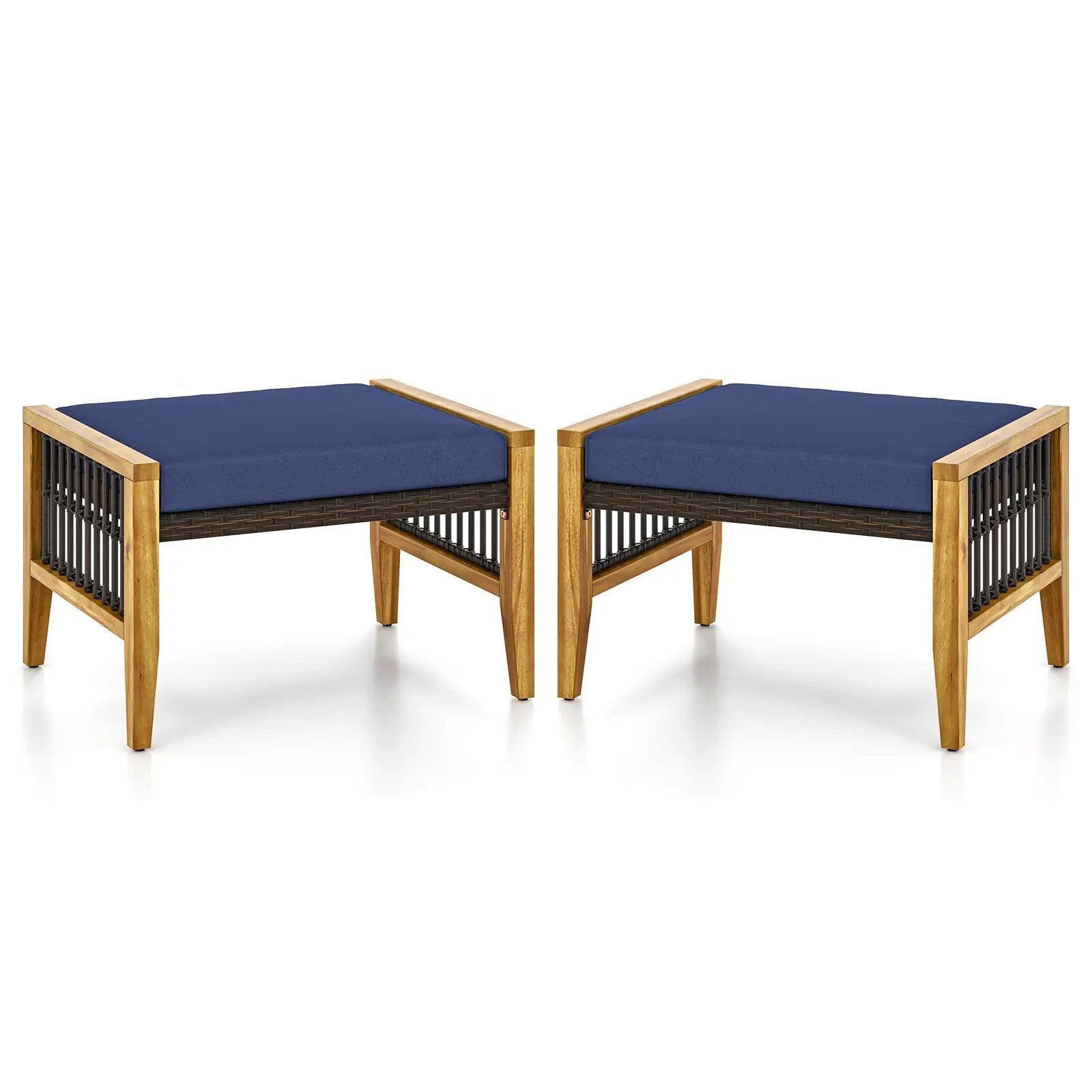 Patio Acacia Wood Ottomans with Cushions and Versatile Rattan Woven Footstools-Navy by DirectDeals