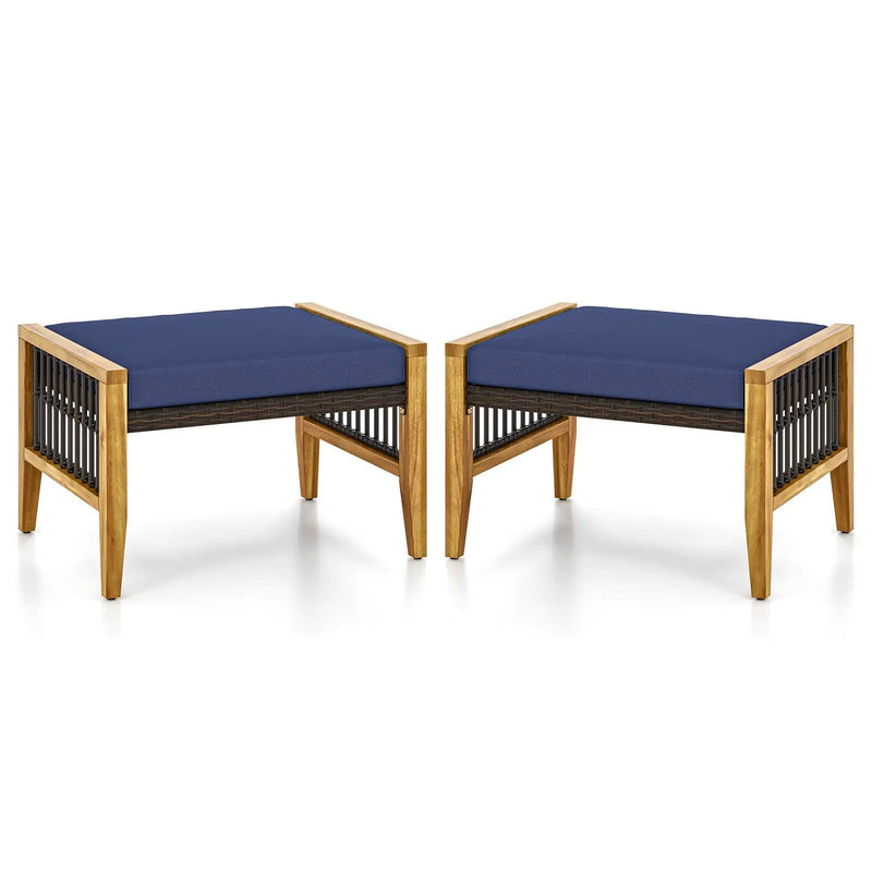 Patio Acacia Wood Ottomans with Cushions and Versatile Rattan Woven Footstools-Navy by DirectDeals