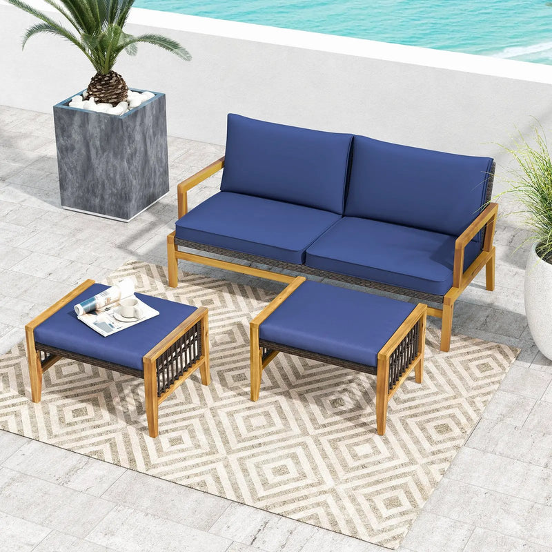 Patio Acacia Wood Ottomans with Cushions and Versatile Rattan Woven Footstools-Navy by DirectDeals