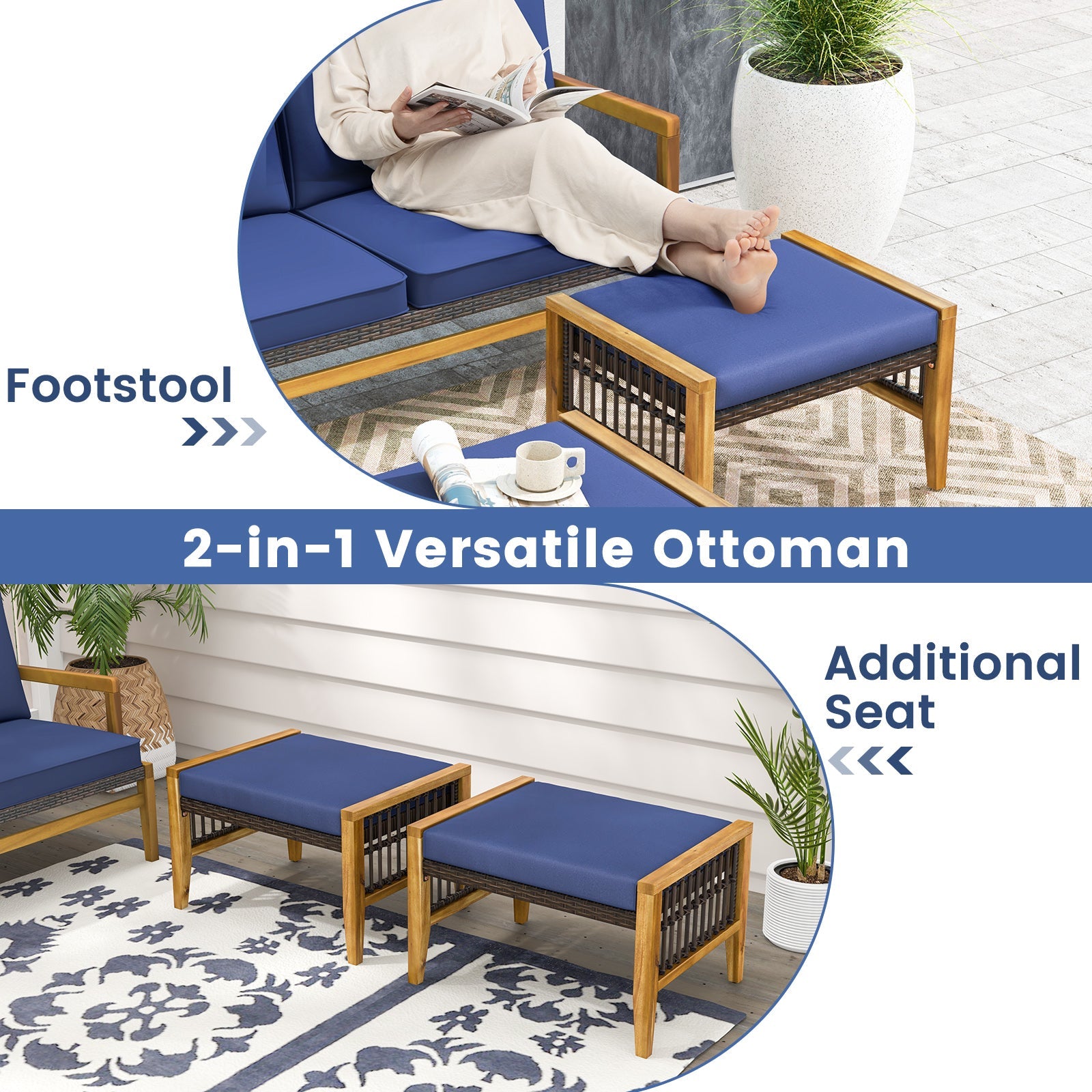 Patio Acacia Wood Ottomans with Cushions and Versatile Rattan Woven Footstools-Navy by DirectDeals