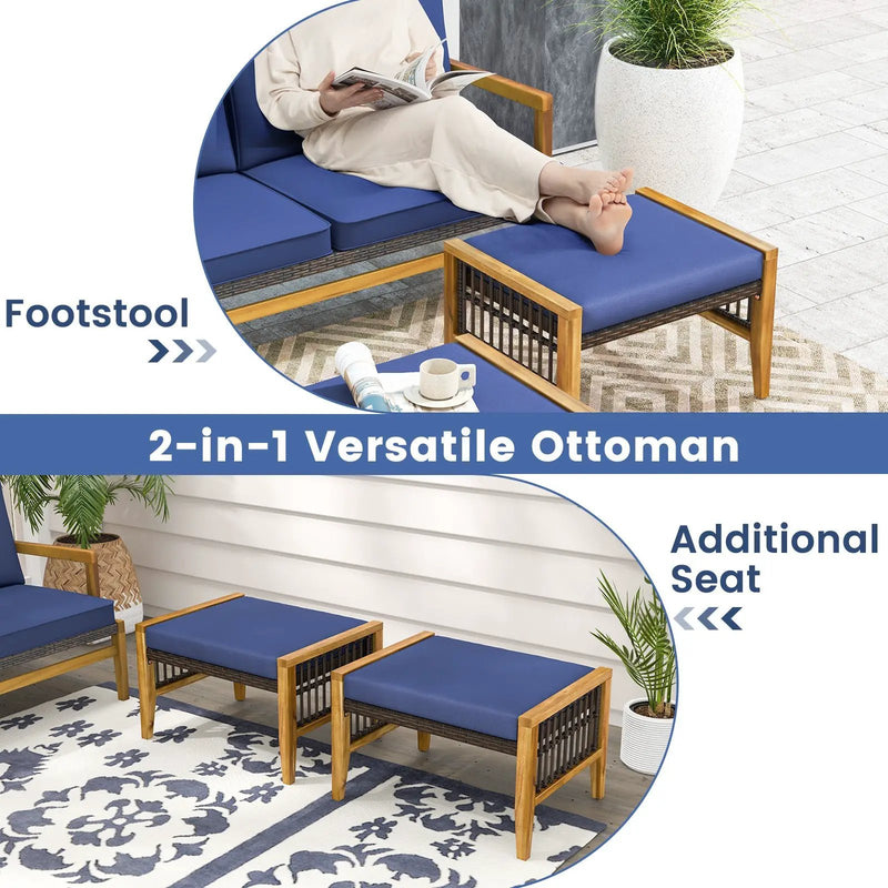 Patio Acacia Wood Ottomans with Cushions and Versatile Rattan Woven Footstools-Navy by DirectDeals