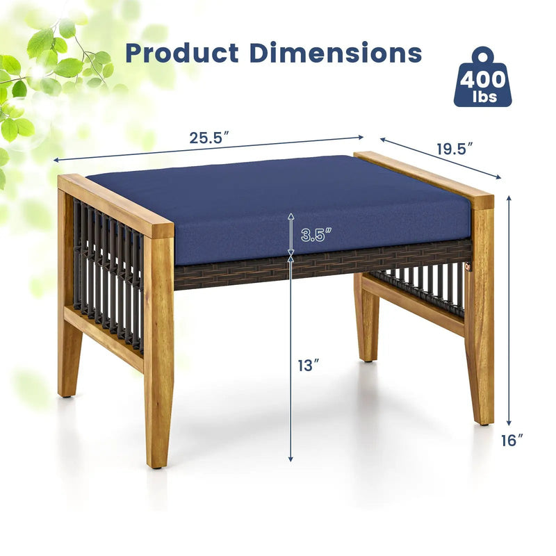 Patio Acacia Wood Ottomans with Cushions and Versatile Rattan Woven Footstools-Navy by DirectDeals