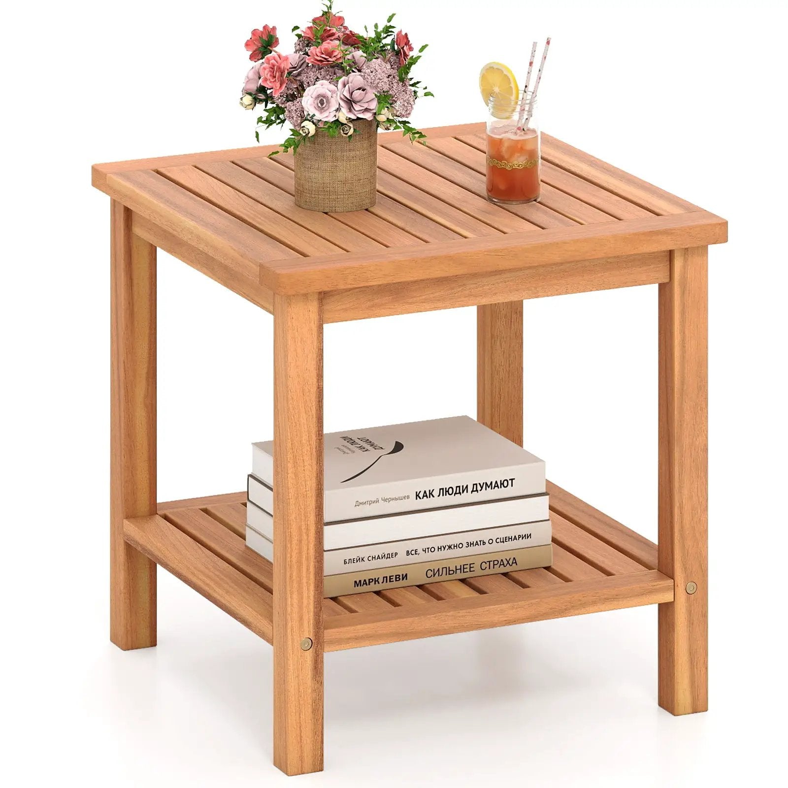 Patio Acacia Wood Side Table Set of 2 with Slatted Tabletop and Storage Shelf by DirectDeals