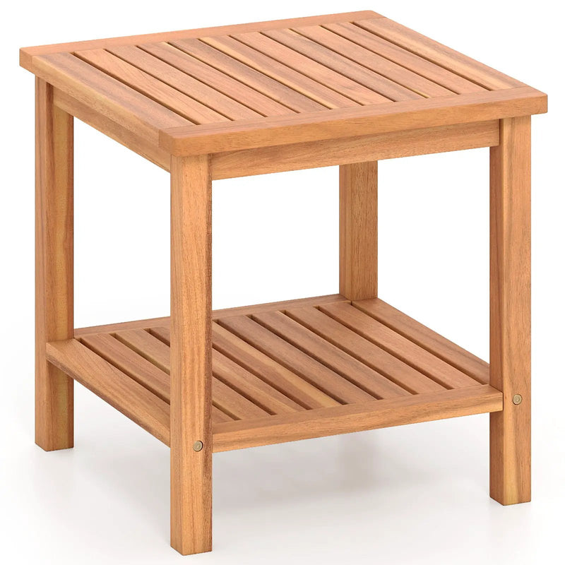 Patio Acacia Wood Side Table Set of 2 with Slatted Tabletop and Storage Shelf by DirectDeals
