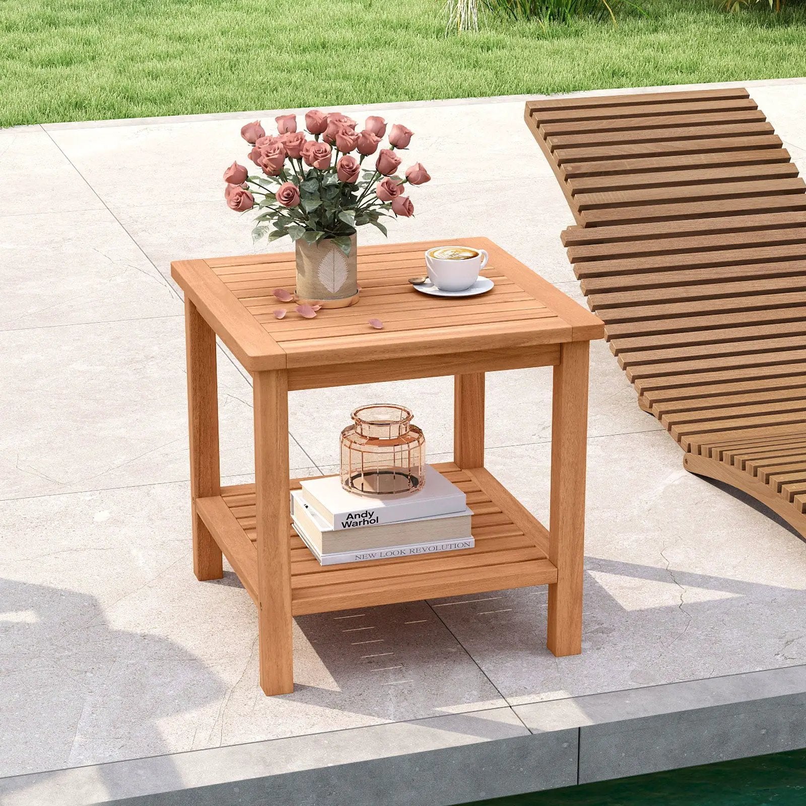 Patio Acacia Wood Side Table Set of 2 with Slatted Tabletop and Storage Shelf by DirectDeals