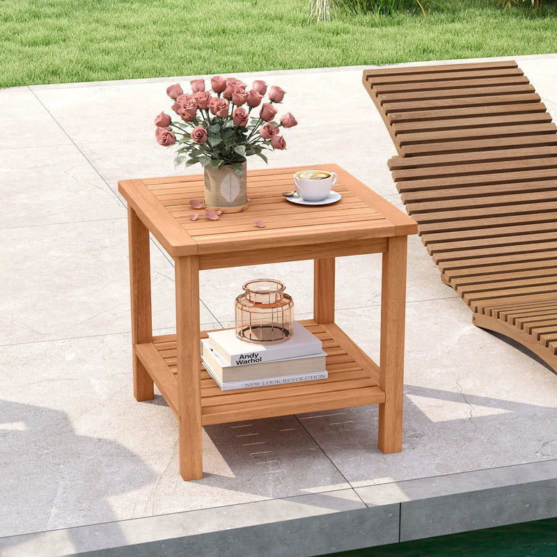 Patio Acacia Wood Side Table Set of 2 with Slatted Tabletop and Storage Shelf by DirectDeals