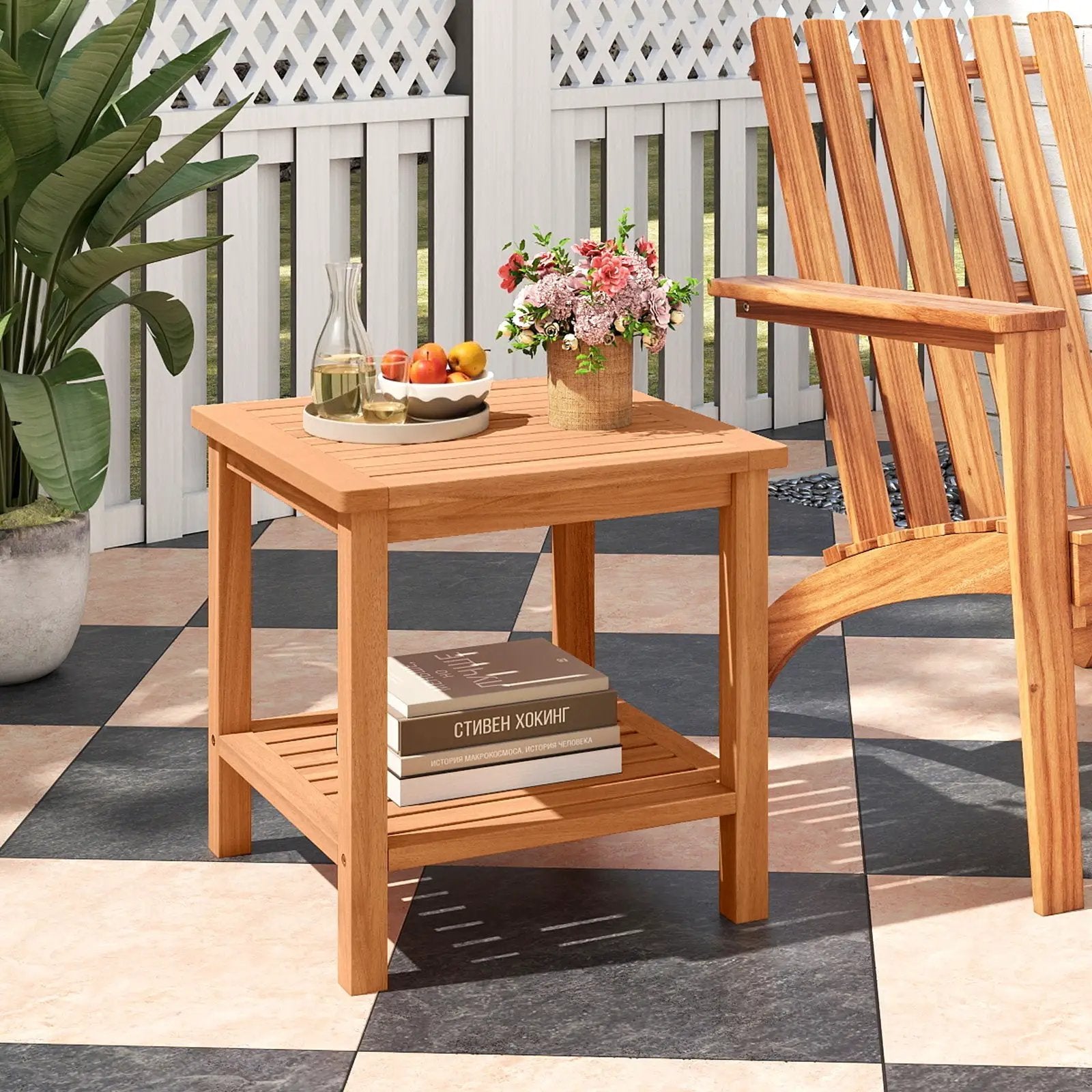 Patio Acacia Wood Side Table Set of 2 with Slatted Tabletop and Storage Shelf by DirectDeals