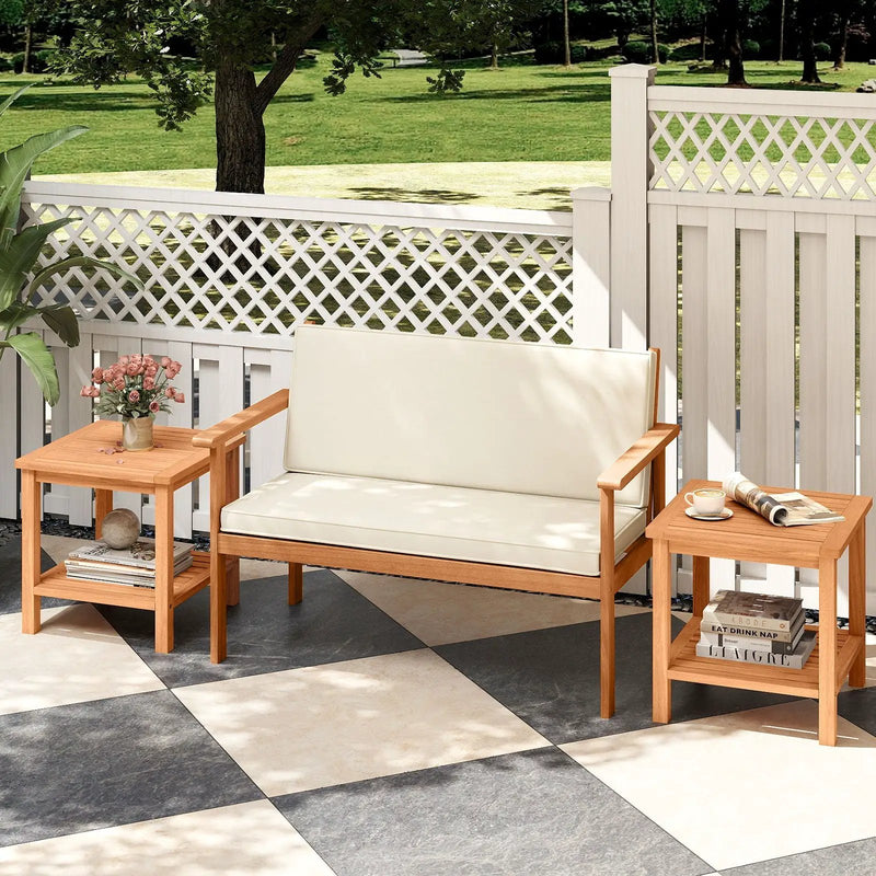 Patio Acacia Wood Side Table Set of 2 with Slatted Tabletop and Storage Shelf by DirectDeals