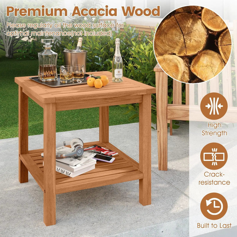 Patio Acacia Wood Side Table Set of 2 with Slatted Tabletop and Storage Shelf by DirectDeals