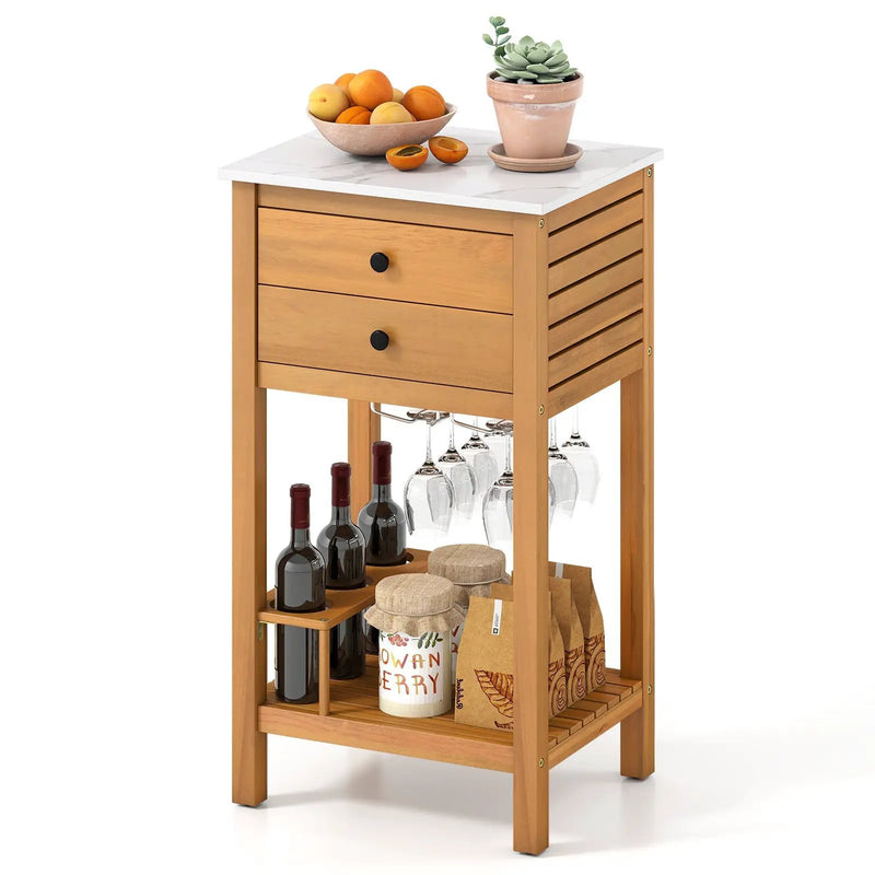 Patio Acacia Wood Storage Cabinet Patio Buffet Cabinet Bar Table with Faux Marble Countertop by DirectDeals