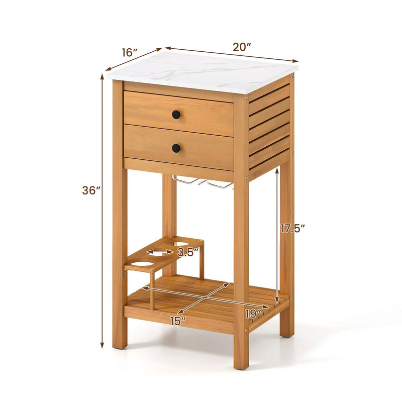 Patio Acacia Wood Storage Cabinet Patio Buffet Cabinet Bar Table with Faux Marble Countertop by DirectDeals