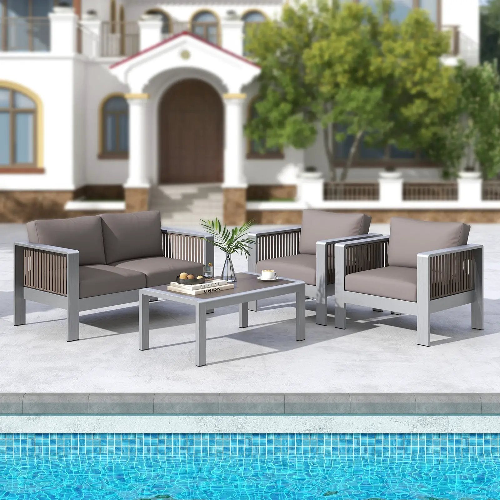 Patio Aluminum Loveseat Sofa Outdoor Furniture Set with Thick Back and Seat Cushions-Gray by DirectDeals