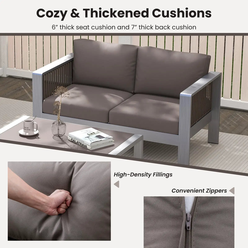Patio Aluminum Loveseat Sofa Outdoor Furniture Set with Thick Back and Seat Cushions-Gray by DirectDeals