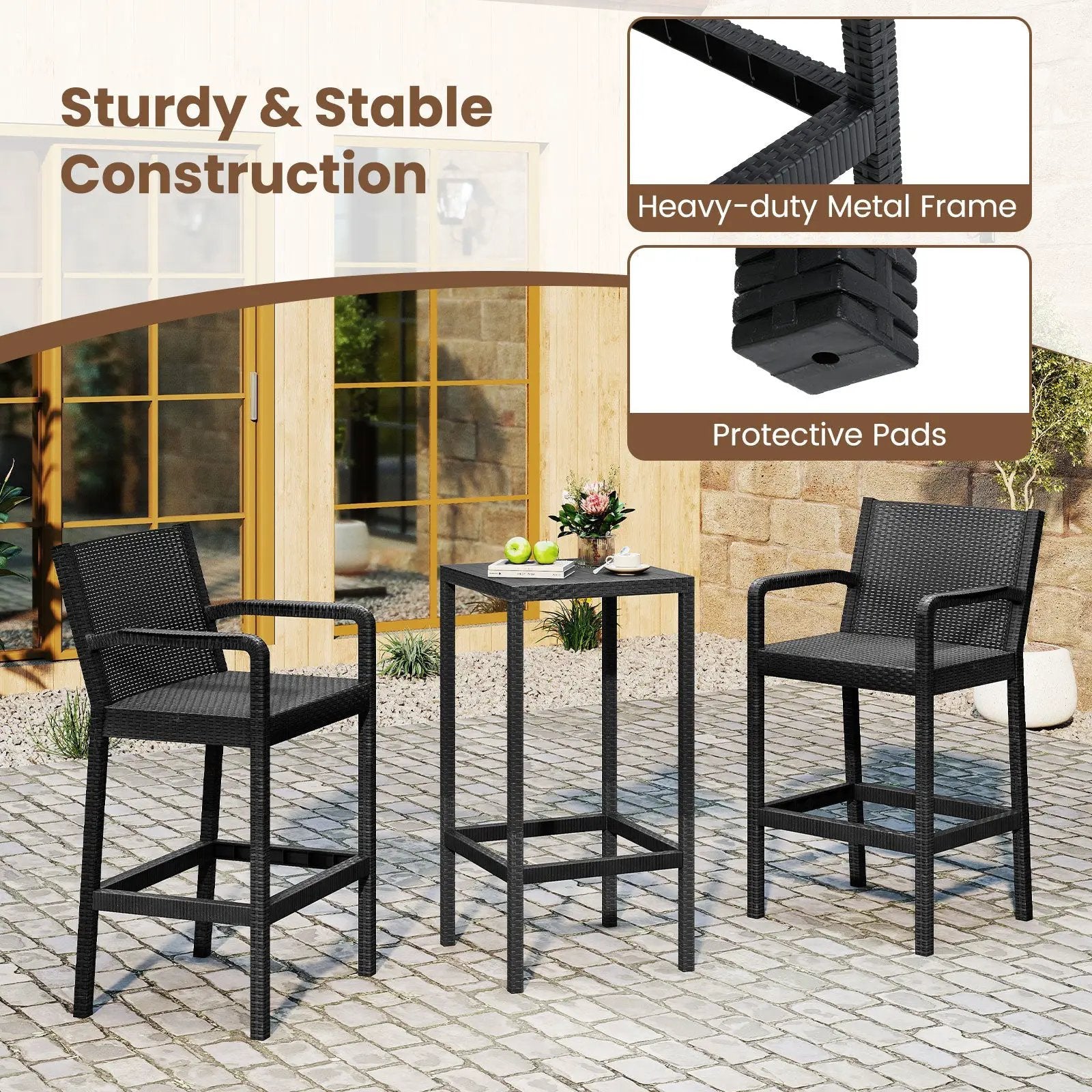 3 Pieces Patio Bar Set with 2 Stools and 1 Bar Table-Black by DirectDeals