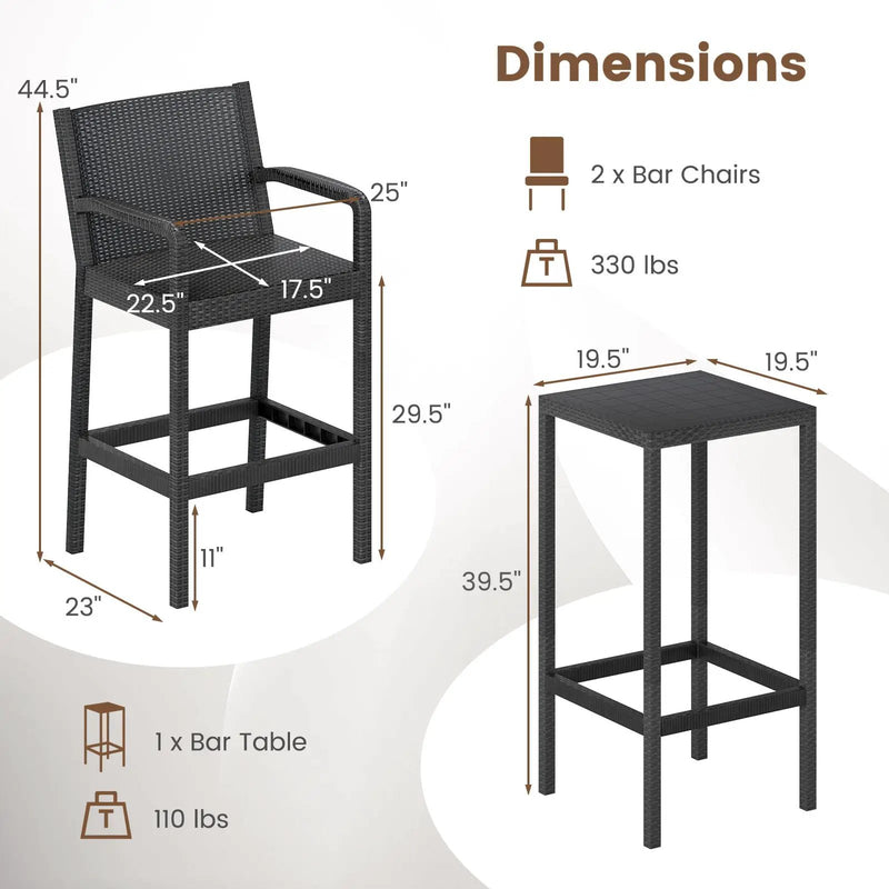 3 Pieces Patio Bar Set with 2 Stools and 1 Bar Table-Black by DirectDeals