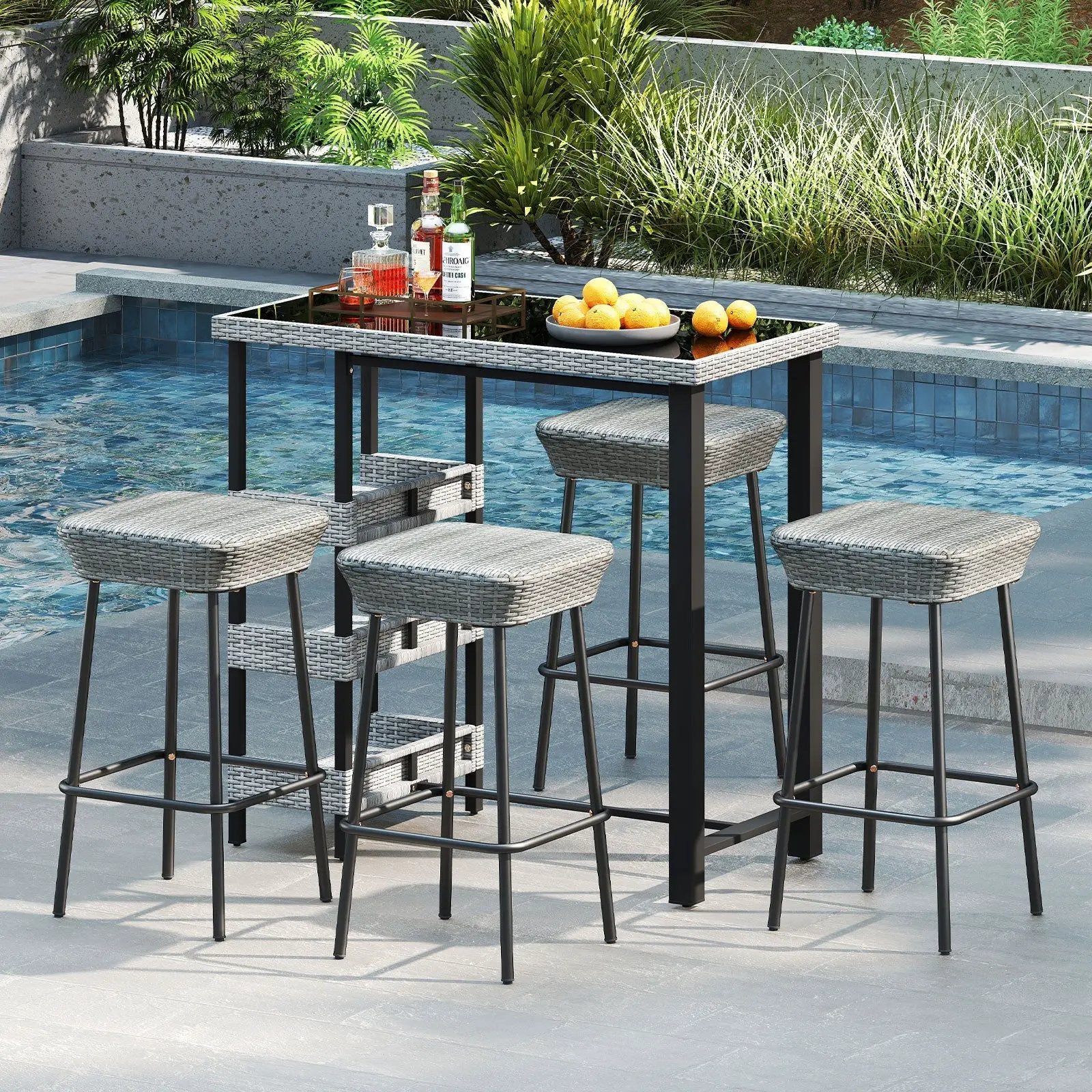 29.5 Inches Patio Bar Stools Set of 2 with Rattan Seat and Footrest by DirectDeals