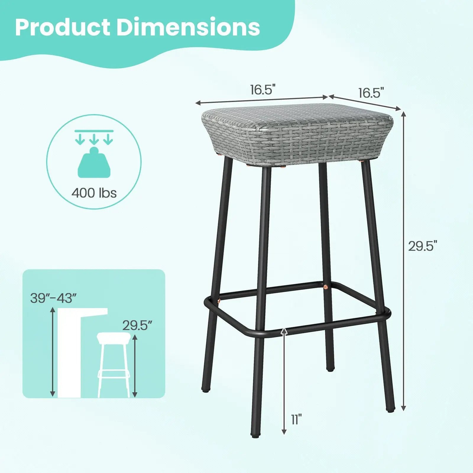 29.5 Inches Patio Bar Stools Set of 2 with Rattan Seat and Footrest by DirectDeals