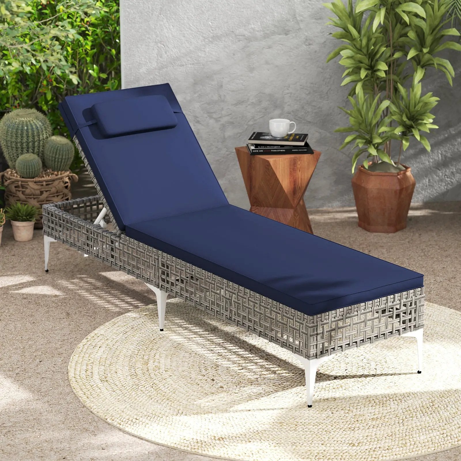 Patio Chaise Lounge Chair with 6-Level Adjustable Backrest and Headrest for Poolside-Navy by DirectDeals