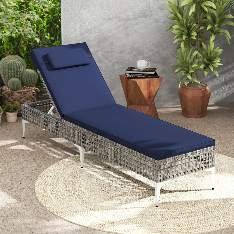2 Pieces Patio Chaise Lounge Chair with 6-Level Adjustable Backrest and Headrest for Poolside-Navy by DirectDeals