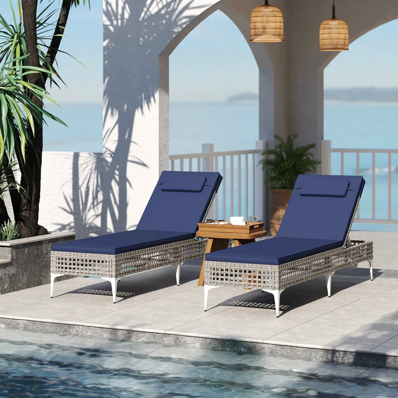 Patio Chaise Lounge Chair with 6-Level Adjustable Backrest and Headrest for Poolside-Navy by DirectDeals