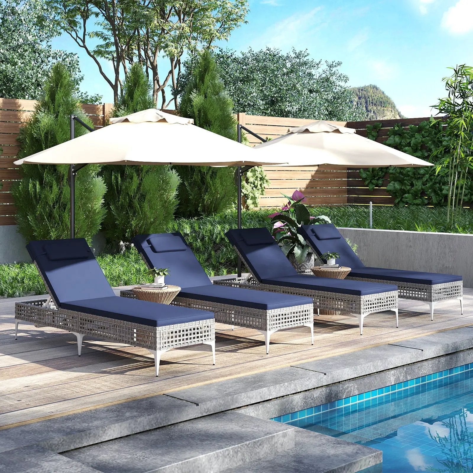 Patio Chaise Lounge Chair with 6-Level Adjustable Backrest and Headrest for Poolside-Navy by DirectDeals