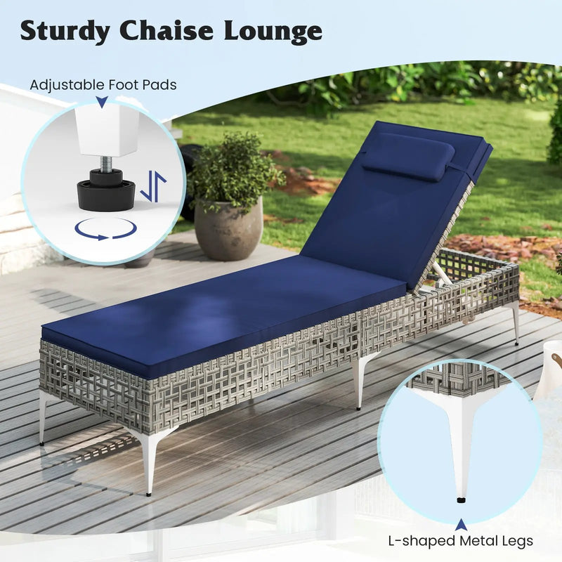 2 Pieces Patio Chaise Lounge Chair with 6-Level Adjustable Backrest and Headrest for Poolside-Navy by DirectDeals