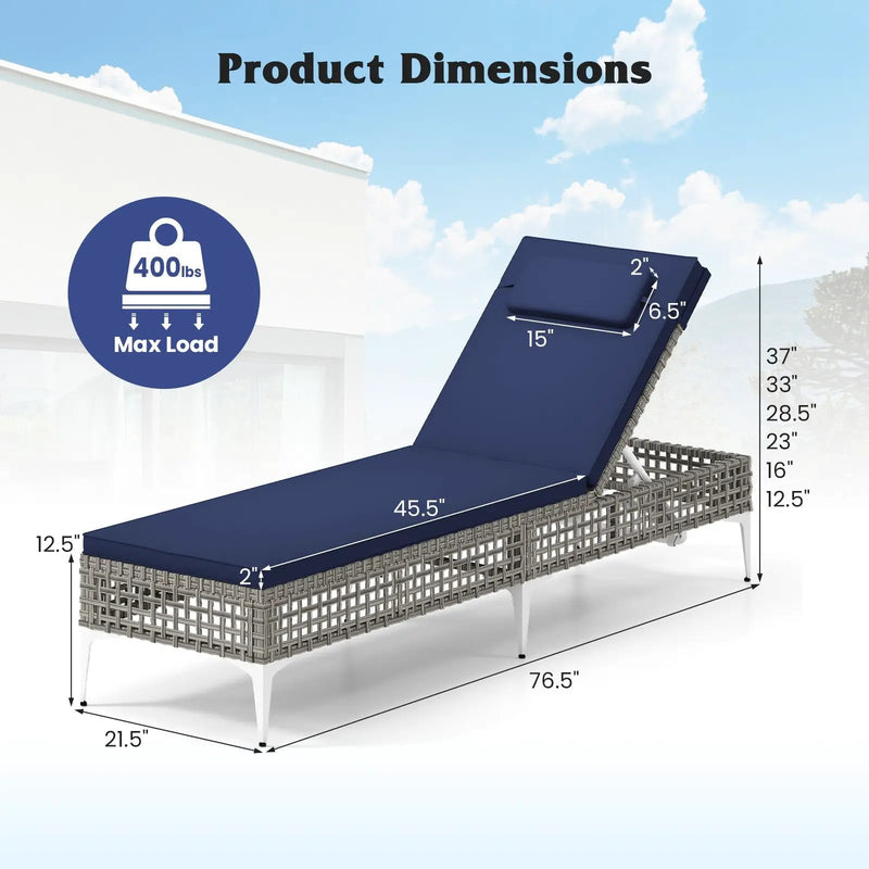 Patio Chaise Lounge Chair with 6-Level Adjustable Backrest and Headrest for Poolside-Navy by DirectDeals