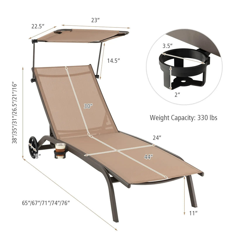 Patio Heavy-Duty Adjustable Chaise Lounge Chair with Canopy Cup holder and Wheels-Brown by DirectDeals