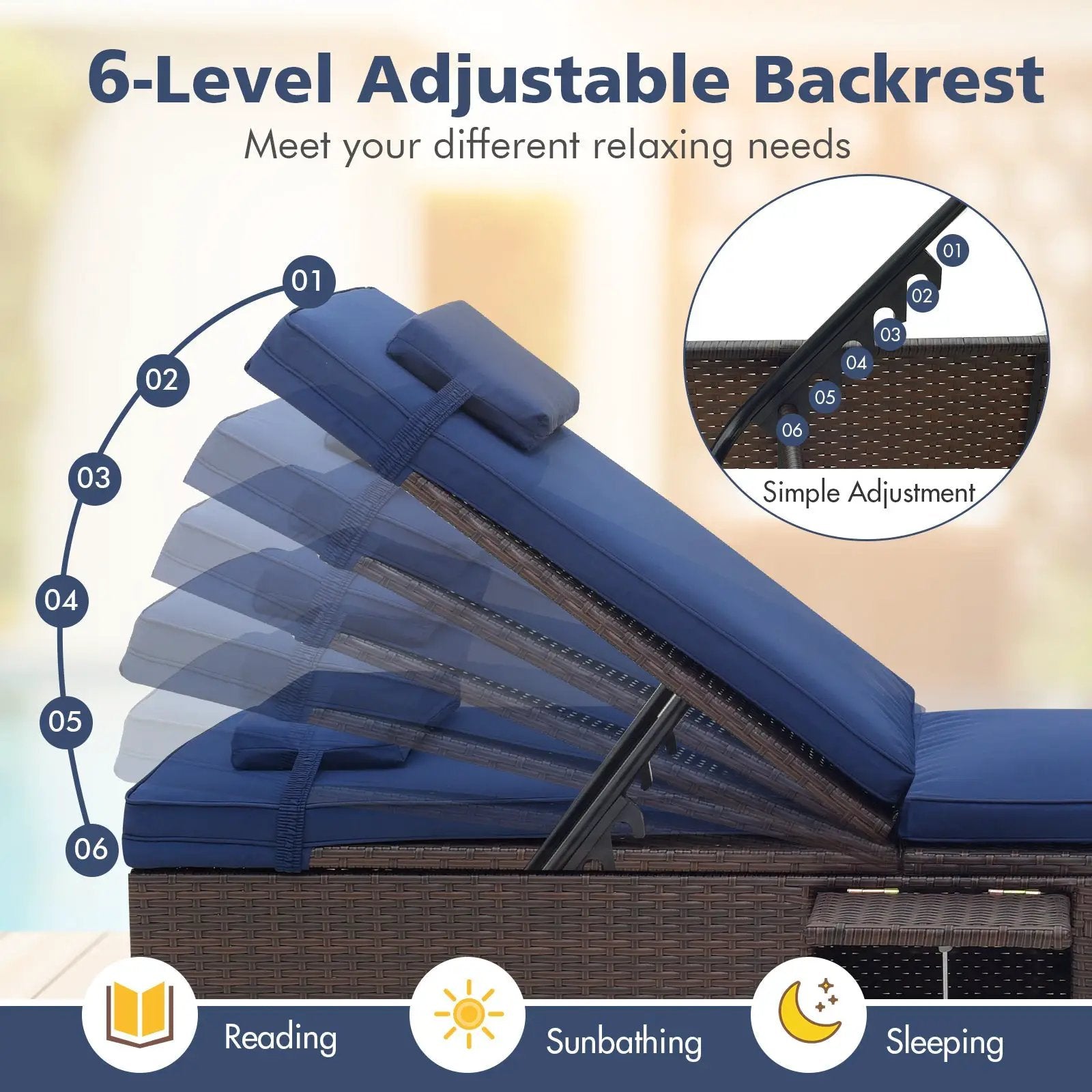 Outdoor PE RattanChaise Lounge with 6-level Backrest by DirectDeals
